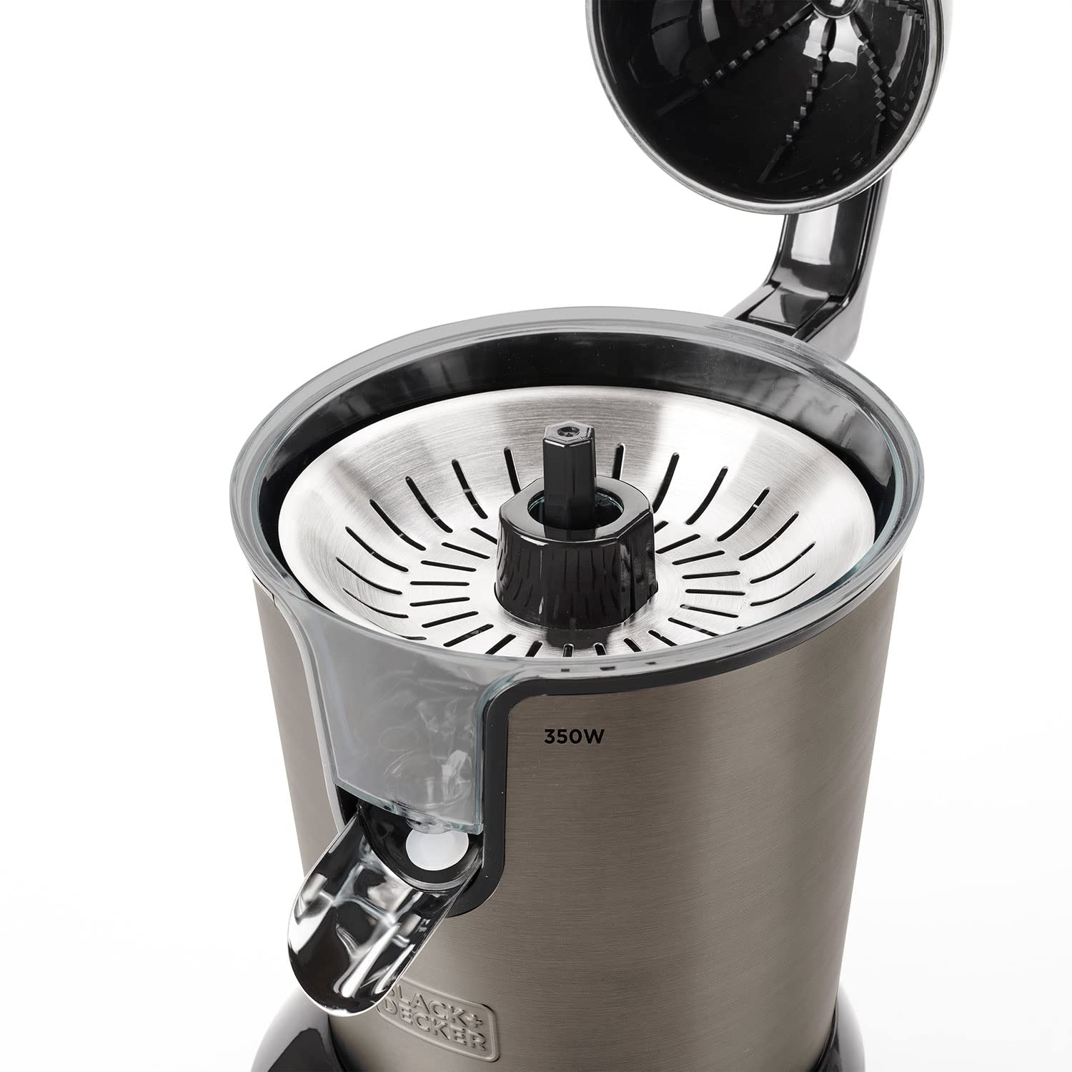 Black+Decker BXCJ350E - Elektrische Saftpresse 350W. Professioneller Wechselstrommotor. Extra Filter zum Regulieren der Fruchtfleischmenge. 2 Aufsätze unterschiedlicher Größe. 650-ml-Behälter. Grau