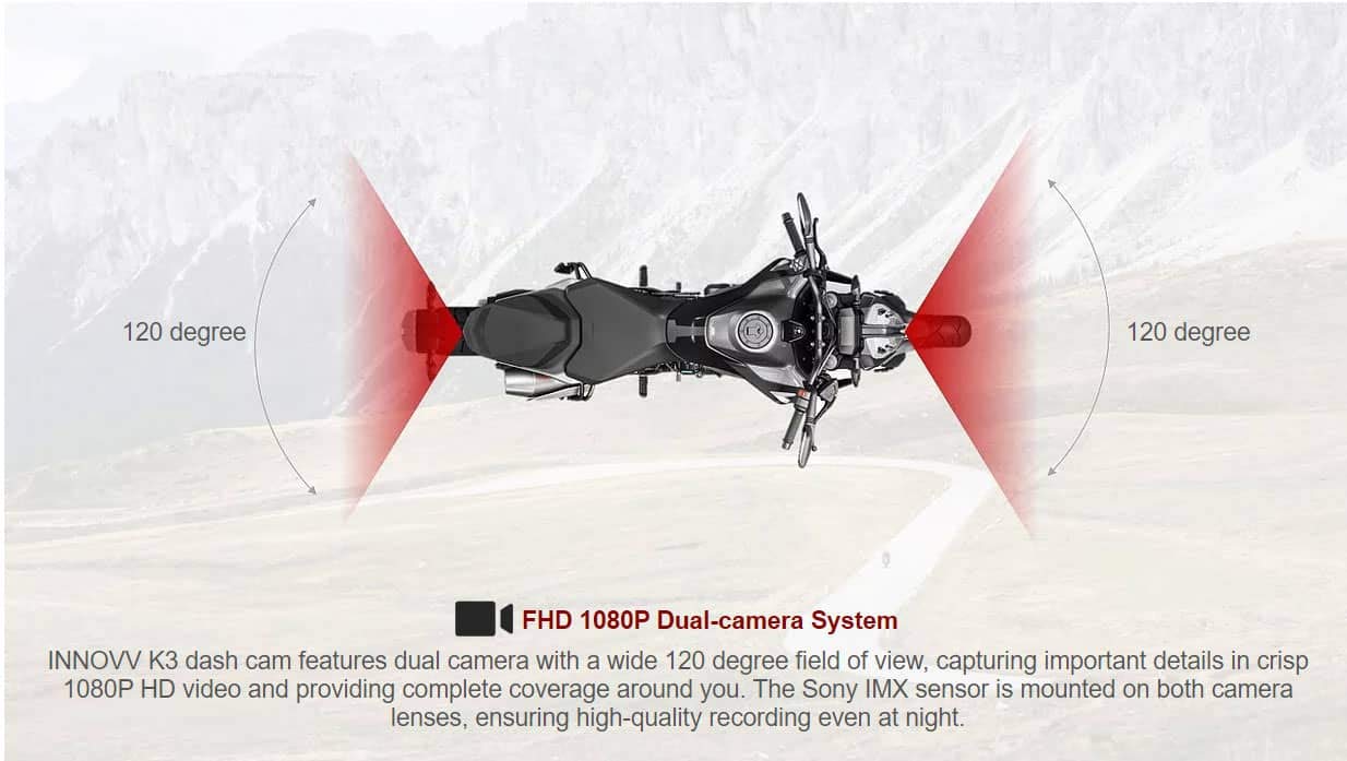 INNOVV K3 2021 Edition Motorradkamera Dual Vorder- und Rückkamera Auto An Aus fest-installiert... Dash Cam Loop-Record