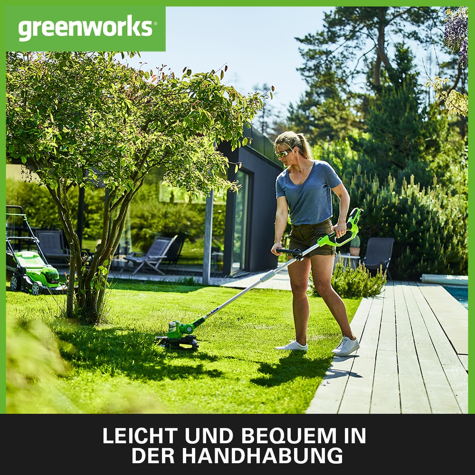 Greenworks Akku-Rasentrimmer G24LT30M Deluxe Li-Ion 24V 30 cm Schnittbreite 8900 U min dreh- und neigbarer Motorkopf verstellbarer Zusatzgriff Flowerguard ohne Akku und Ladegerät