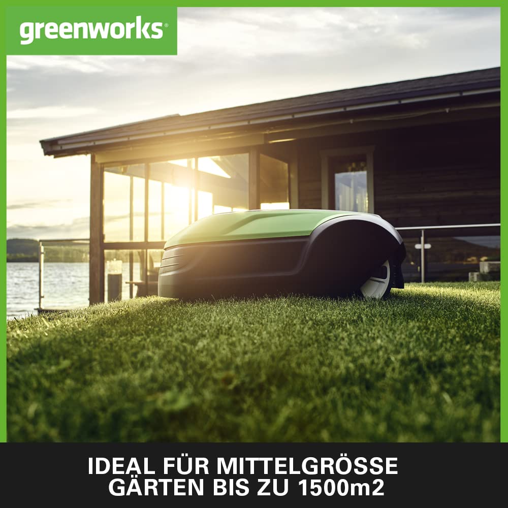 Greenworks Mähroboter Optimow 15 Akku-Rasenmäher selbstfahrend bis 1500m² smart GreenGuide app bis 35% Steigung 20-60mm Schnitthöhe bis zu 70min Mähzeit besonders leise mit Ladestation