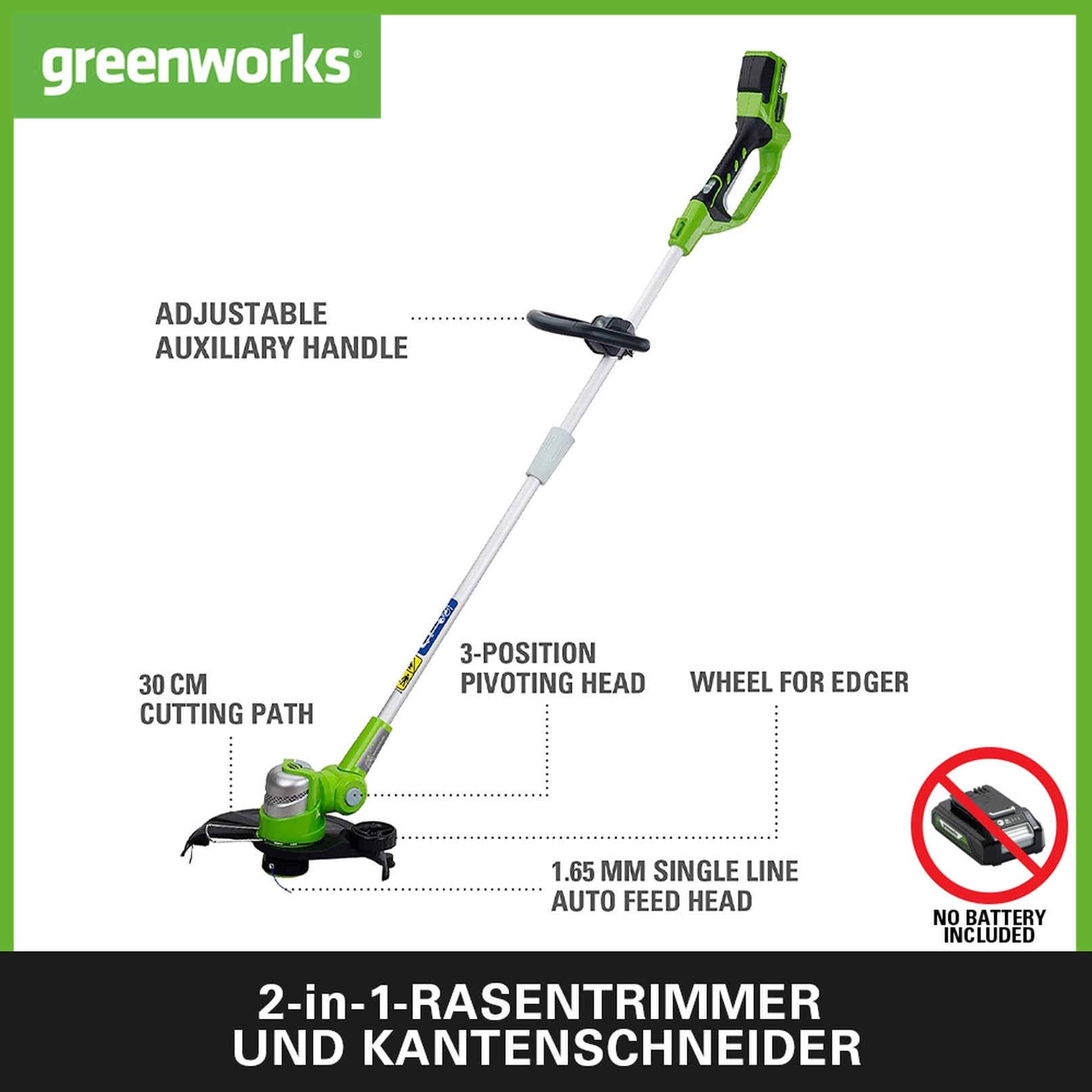 Greenworks Akku-Rasentrimmer G24LT30M Deluxe Li-Ion 24V 30 cm Schnittbreite 8900 U min dreh- und neigbarer Motorkopf verstellbarer Zusatzgriff Flowerguard ohne Akku und Ladegerät