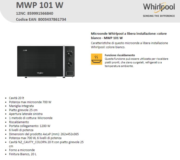 Whirlpool Cook20 MWP 101 W Arbeitsplatte Solo-Mikrowelle 20 l 700 W Weiß