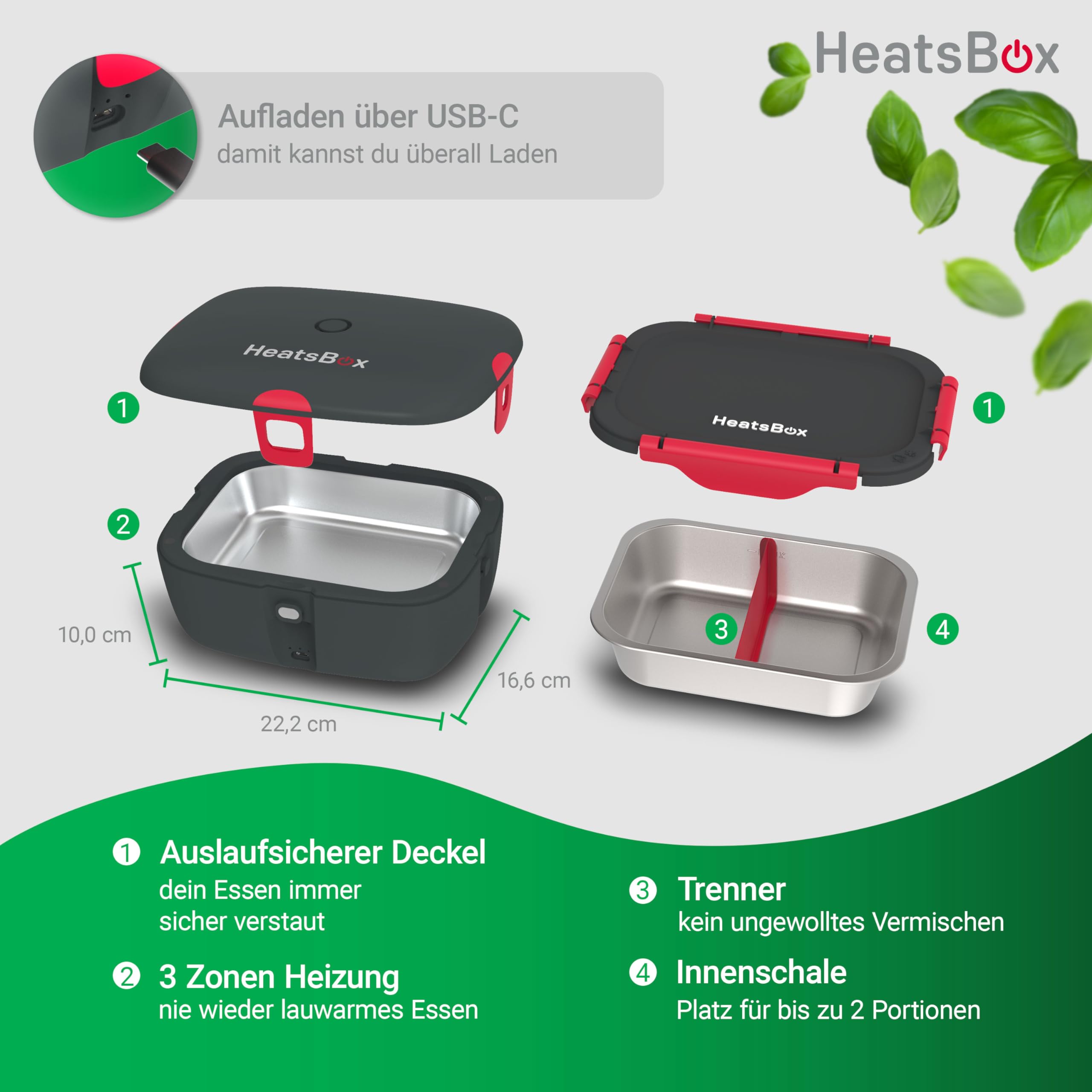 HeatsBox HB-04-102B Elektrische Brotbox 100 W 0 925 l Schwarz Erwachsener