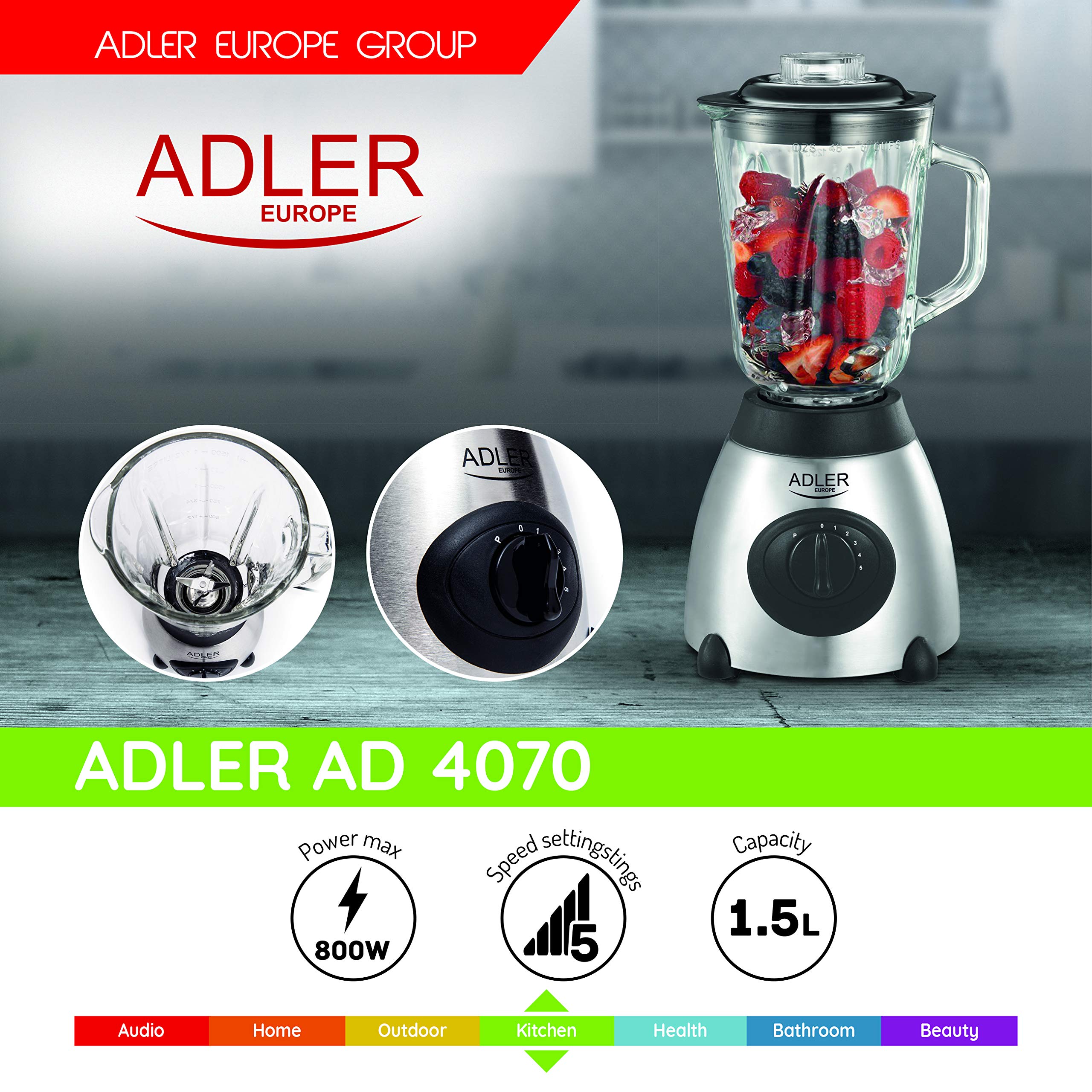 Adler AD 4070 Mixer 1 5 l Tischplatten-Mixer Schwarz  Transparent 600 W