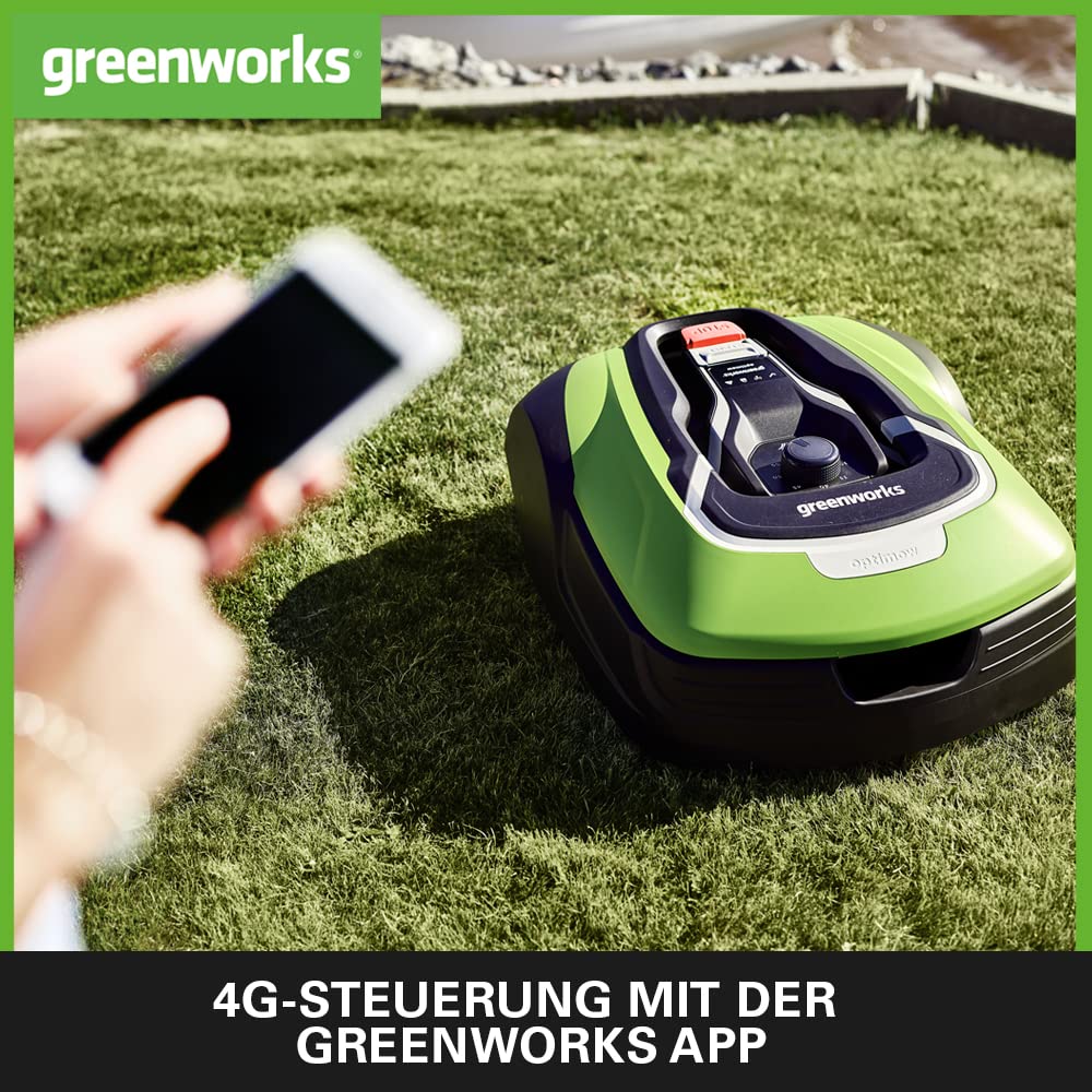 Greenworks Mähroboter Optimow 15 Akku-Rasenmäher selbstfahrend bis 1500m² smart GreenGuide app bis 35% Steigung 20-60mm Schnitthöhe bis zu 70min Mähzeit besonders leise mit Ladestation