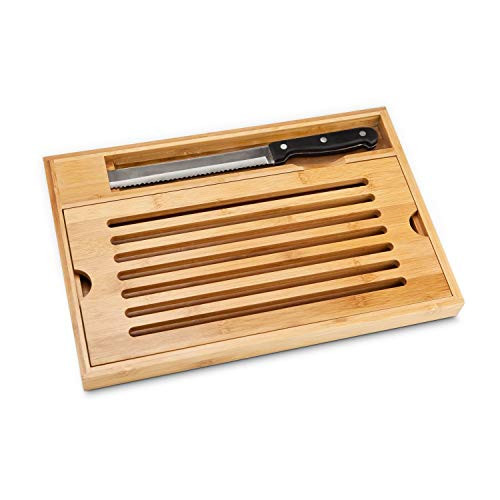 Rominox conjunto de corte regalos pan Krümel2 pieza conjunto de cuchillo de pan y tabla de bambú con bandeja de residuos práctica para la toma de medidas