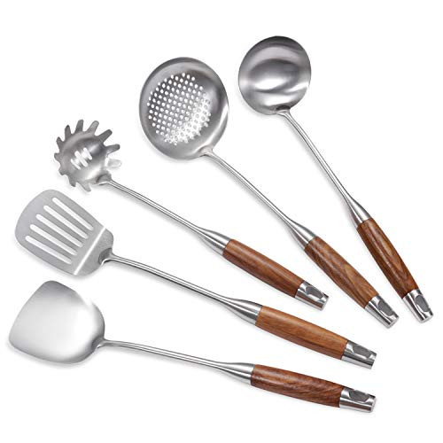 YFWOOD Kitchen Gadgets Set wooden handle Dishwasher safe 5 -part kitchen utensils set stainless steel spatula set slotted spoon Pasta spoon Wok spatula serving ladle