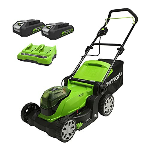 Greenworks cordless lawn mower G24X2LM412x Li-Ion 2x24V 41cm cutting width up to 220m² 50L grass box 6-times central cutting height adjustment including 2x 2 Ah battery and charger