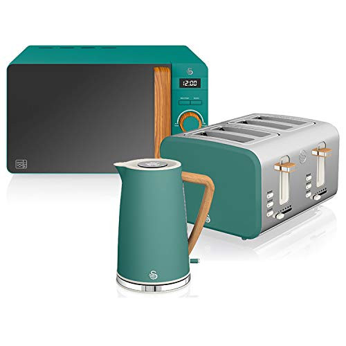 Swan Nordic Set breakfast kettle 1.7 l 2200 W Broad slot toaster 4 slices Microwave 20L Digital Design Modern wood look green matt