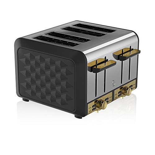 Swan Gatsby Black and Gold toaster with four slots matt black with a diamond pattern and gold accents ST14084BLKN variable electronic browning control