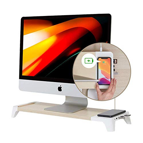 POUT _EYES8 White Desk Monitor computer stand riser shelf + Qi Wireless Charging Pad 3.0 Fast + USB hubs station for laptop PC iPhone 8 to 12 Pro Max iMac