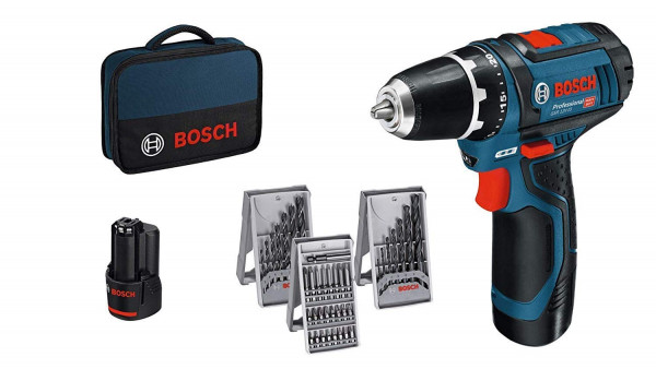 Bosch Professional Cordless Drill GSR 12V-15 + 2 x 2 Ah battery + charger + 39 pcs. Accessory Set + Bag