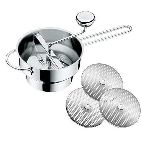 WMF Gourmet Food mill with 3 perforated discs Cromargan stainless steel strainer for fruit and vegetables 19 x 11.5 cm