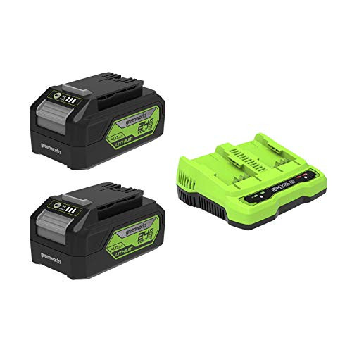 Greenworks 24V 4Ah Two batteries G24B4 and double slot charger G24X2C Li-Ion 24V 4Ah 48W Output 4A Voltage 60 minutes Charging time 4 Ah battery for all devices of the 24 series Greenworks