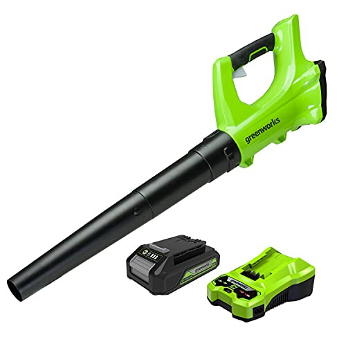 Green Works Battery axial blower G24ABK2 Li-Ion 24 V 160 mph air speed 280 CFM airflow electronic speed control cushioned handle including 2 Ah battery and charger