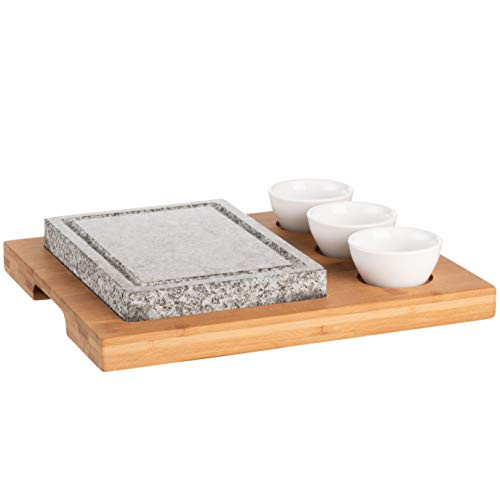 MÄSER 931758 Hot stone three dip bowls and bamboo wood panel-hot stone grill perfect for steak meat and fish grill stone set with natural grill stone granite