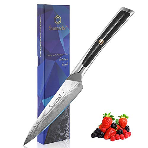 Sunnecko couteau à éplucher 9cm damas couteau couteau à fruits Damas couteau à éplucher - Japonais VG10 évidées et 73 lame de couteau couteau de cuisine poignée G10 couches forte série -Elite.