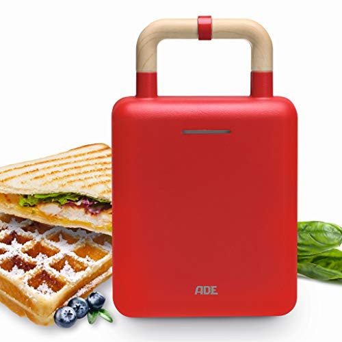 ADE waffle iron sandwich maker 2in1 KG2006 interchangeable plates carrying handle matt with closing device color finish red sandwich maker with non-stick coating for baking and toasting