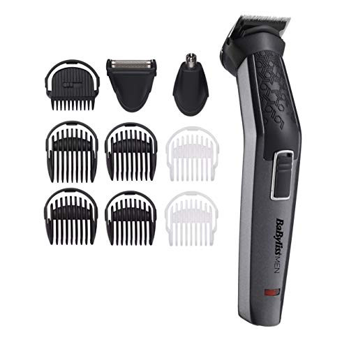 BaByliss Men 10-in-1 Multi-Carbon Titanium Trimmer Grooming Kit washable for body black gray MT727E beard and nose hair incl. Aufbewarungstasche