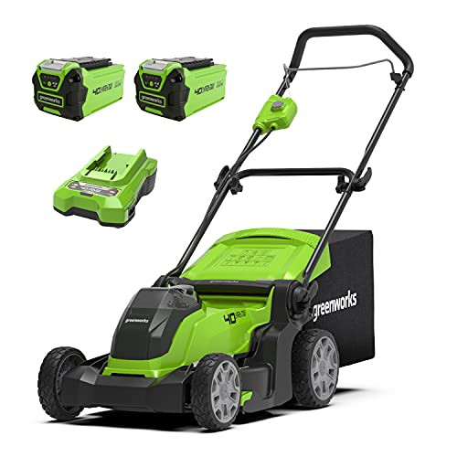 Green Works cordless lawn mower G40LM41K2X Li-Ion 40V 41cm cutting width up to 600m² mowing area 2in1 mulching & 50l mowing grass box 5 times the central cutting height adjustment with 2 Ah battery 2 & Charger