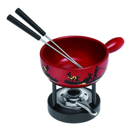 Kuhn Rikon 32033 fondue cheese fondue set 2-Alphornbläser incl with gold decor. Two forks and chafing dish with paste burner