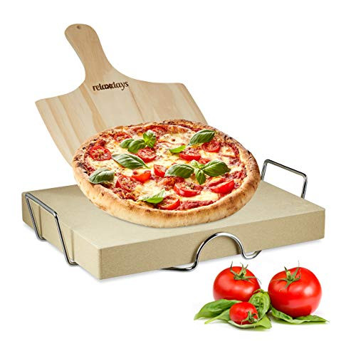 Relax Days Pizza Stone Set 5 cm, with metal holder and pizza paddle wooden HWD natural 5x38x30cm rectangular bread stone for pizza and tarte flambe with pizza peel for pizza oven
