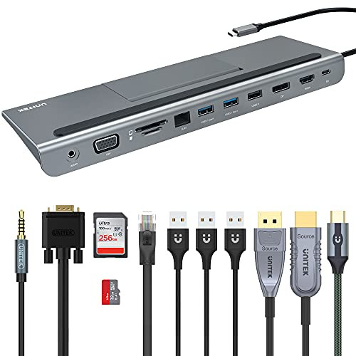 UNITEK USB Hub 11in1 C con 3,5 mm de audio FullHD VGA Lector de tarjetas RJ45 Gigabit Ethernet SD y microSD