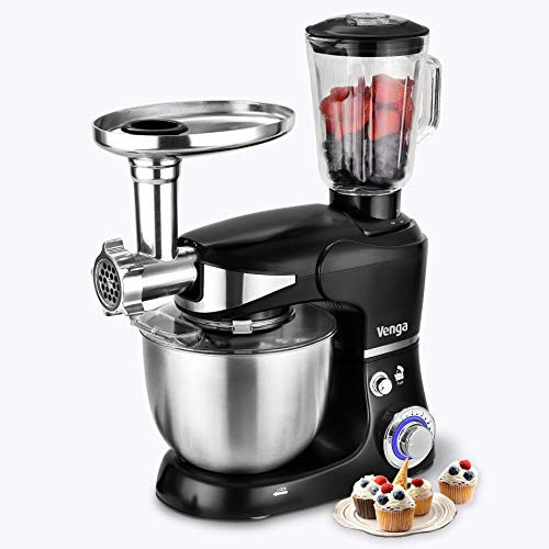 Venga! 3-in-1 Kitchen machine with a mixer attachment and meat grinder 12 components and recipe book containing 1000 W 5 liter stainless steel bowl