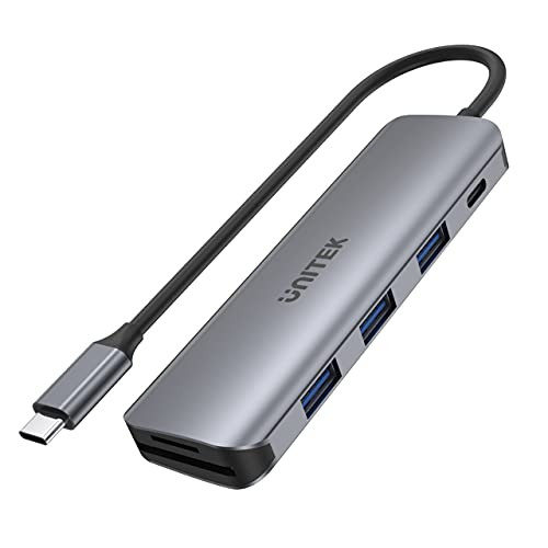 uHUB P5 + 6-in-1 USB hub with C 100W Power Delivery and dual card reader H1107C Ultra flat aluminum casing color USB3.1 SuperSpeed ??5Gbps Gen1